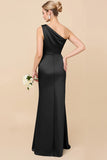 Sheath Satin Eucalyptus Ruched One Shoulder Long Bridesmaid Dress