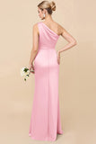 Sheath Satin Eucalyptus Ruched One Shoulder Long Bridesmaid Dress