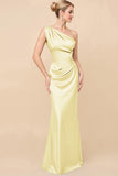Sheath Satin Eucalyptus Ruched One Shoulder Long Bridesmaid Dress