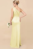 Sheath Satin Eucalyptus Ruched One Shoulder Long Bridesmaid Dress