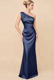 Sheath Satin Eucalyptus Ruched One Shoulder Long Bridesmaid Dress