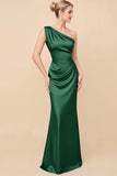 Sheath Satin Eucalyptus Ruched One Shoulder Long Bridesmaid Dress