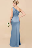 Sheath Satin Eucalyptus Ruched One Shoulder Long Bridesmaid Dress