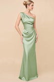 Sheath Satin Eucalyptus Ruched One Shoulder Long Bridesmaid Dress