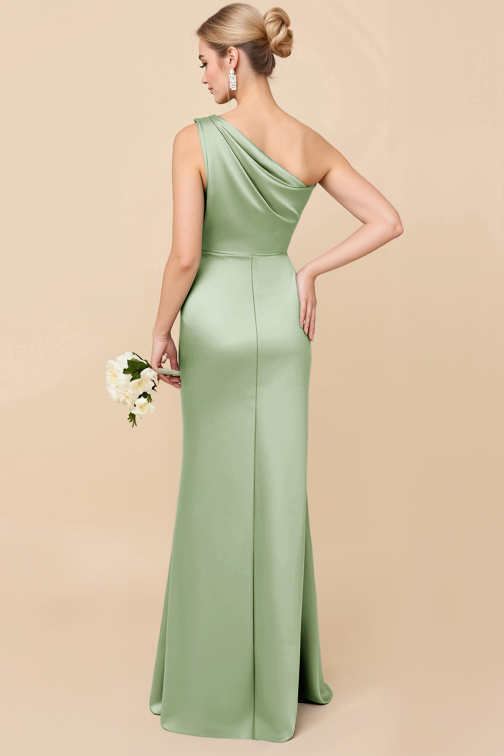 Sheath Satin Eucalyptus Ruched One Shoulder Long Bridesmaid Dress