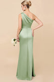 Sheath Satin Eucalyptus Ruched One Shoulder Long Bridesmaid Dress