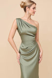 Sheath Satin Eucalyptus Ruched One Shoulder Long Bridesmaid Dress