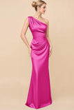 Sheath Satin Eucalyptus Ruched One Shoulder Long Bridesmaid Dress