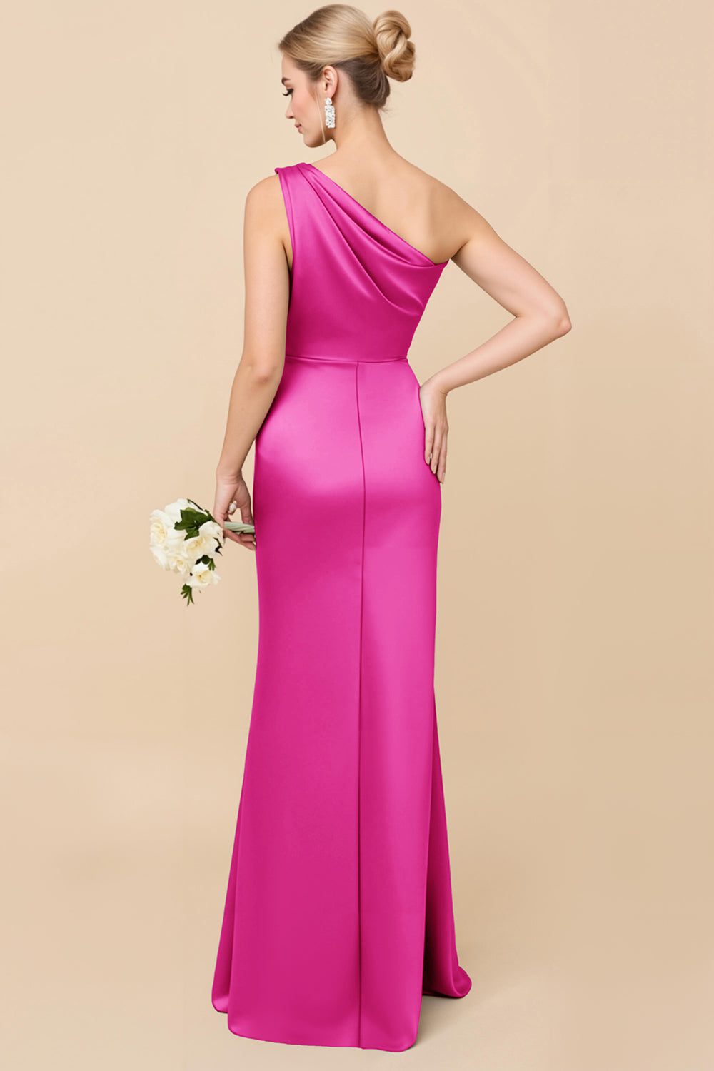 Sheath Satin Eucalyptus Ruched One Shoulder Long Bridesmaid Dress