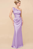 Sheath Satin Eucalyptus Ruched One Shoulder Long Bridesmaid Dress