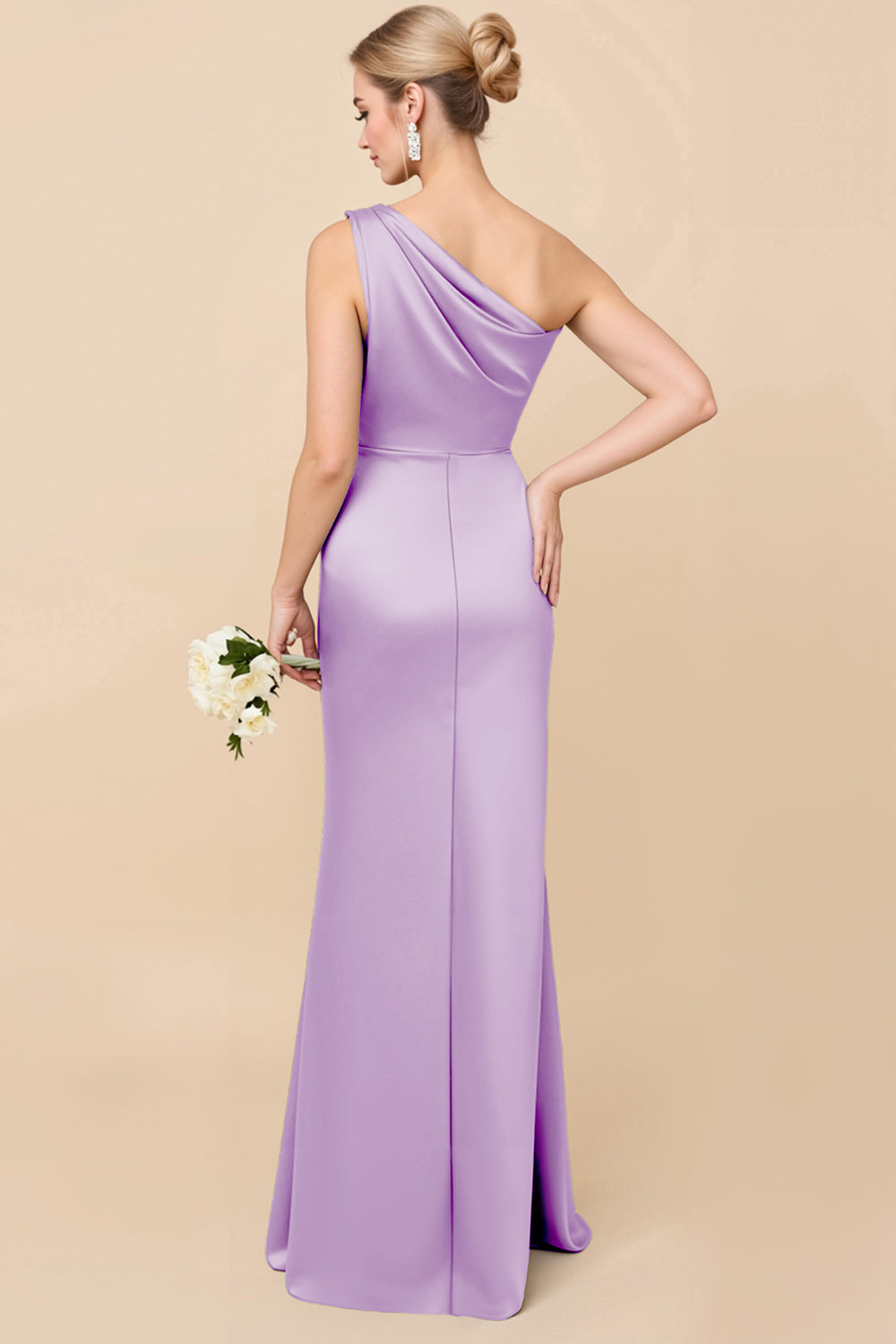 Sheath Satin Eucalyptus Ruched One Shoulder Long Bridesmaid Dress