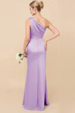 Sheath Satin Eucalyptus Ruched One Shoulder Long Bridesmaid Dress