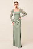 Sheath Eucalyptus Square Neck Bridesmaid Dress with Long Sleeves