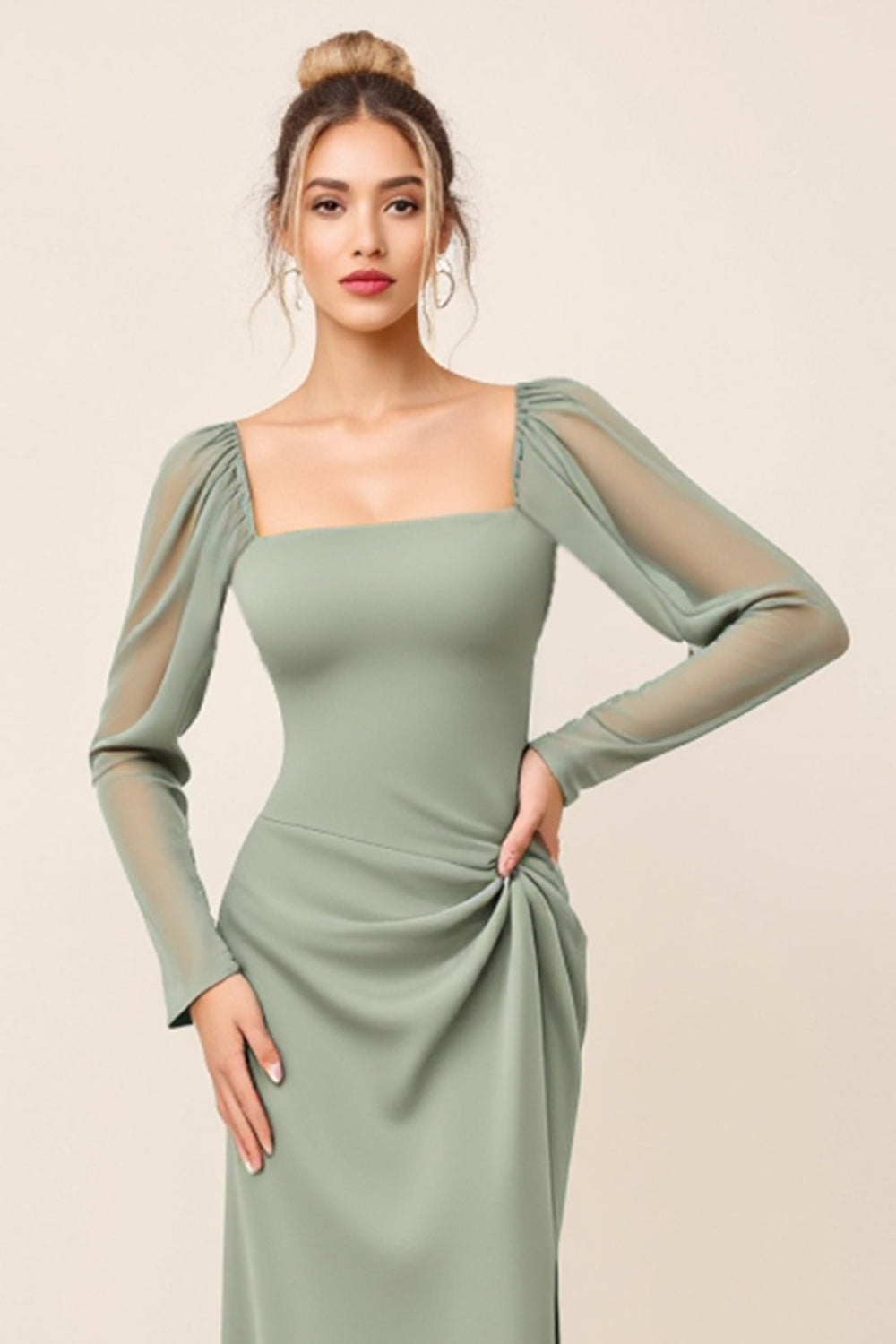 Sheath Eucalyptus Square Neck Bridesmaid Dress with Long Sleeves