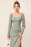 Sheath Eucalyptus Square Neck Bridesmaid Dress with Long Sleeves