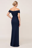 Off the Shoulder Navy Sheath Chiffon Long Bridesmaid Dress with Slit