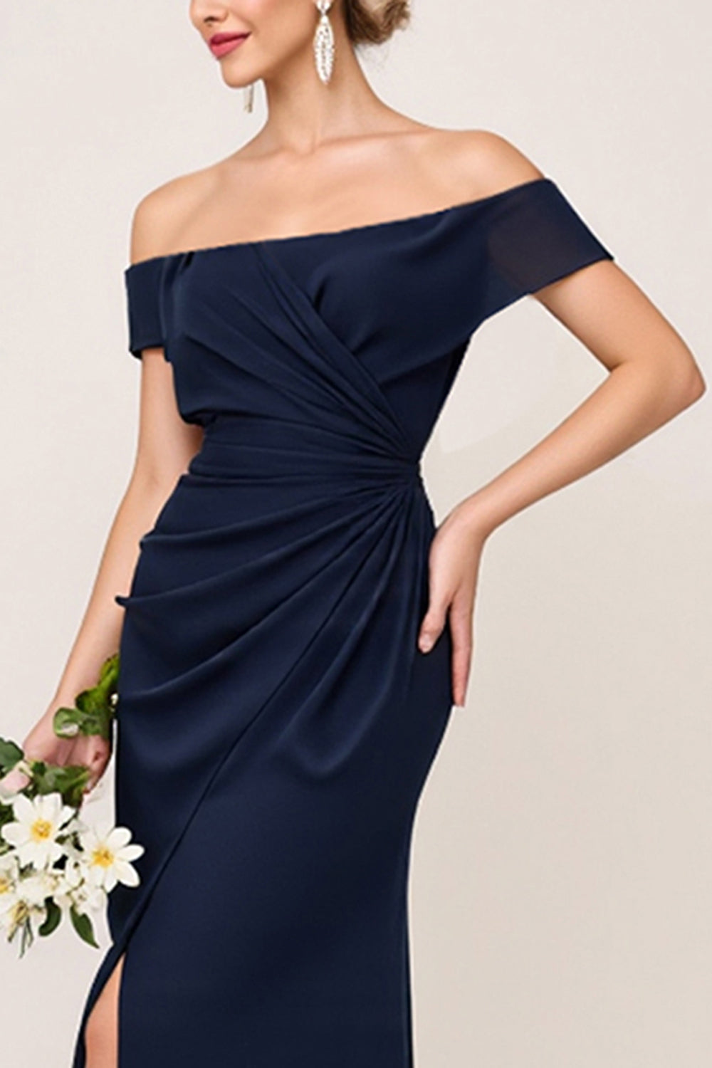 Off the Shoulder Navy Sheath Chiffon Long Bridesmaid Dress with Slit