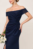 Off the Shoulder Navy Sheath Chiffon Long Bridesmaid Dress with Slit