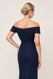 Off the Shoulder Navy Sheath Chiffon Long Bridesmaid Dress with Slit