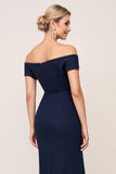 Off the Shoulder Navy Sheath Chiffon Long Bridesmaid Dress with Slit