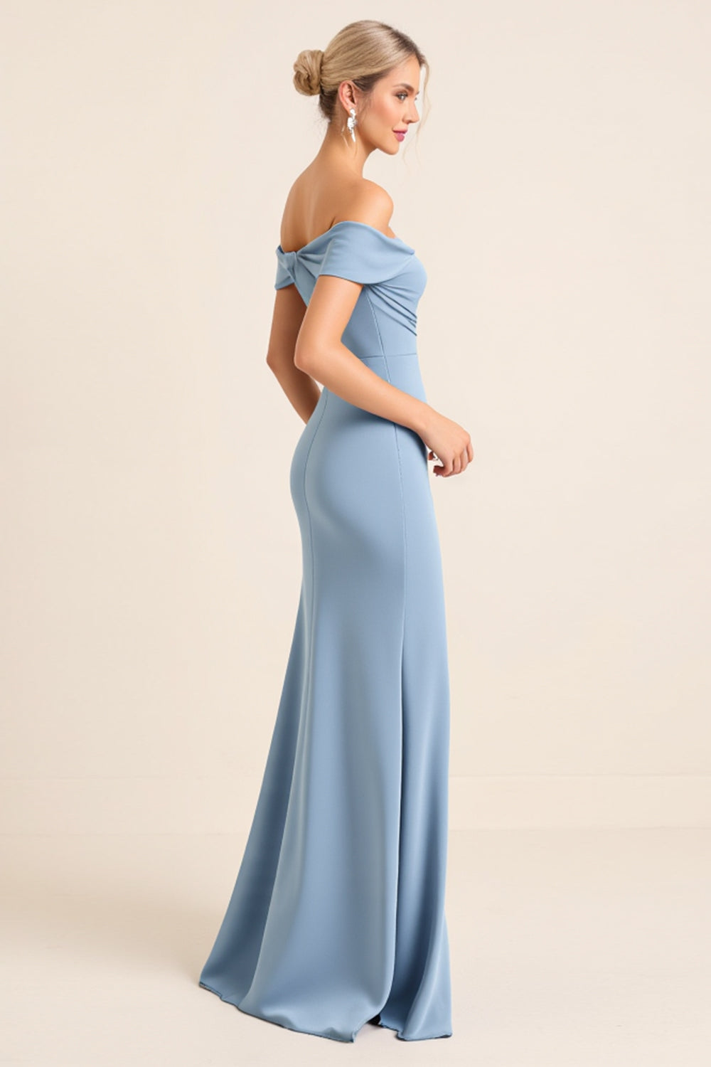 Sheath Satin Dusty Blue Off the Shoulder Long Bridesmaid Dress with Slit