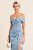 Sheath Satin Dusty Blue Off the Shoulder Long Bridesmaid Dress with Slit