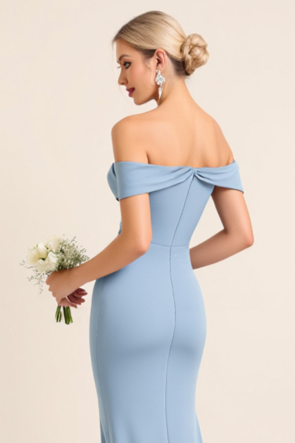 Sheath Satin Dusty Blue Off the Shoulder Long Bridesmaid Dress with Slit