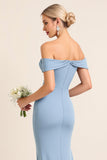 Sheath Satin Dusty Blue Off the Shoulder Long Bridesmaid Dress with Slit
