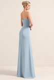 Square Neck Dusty Blue Sheath Chiffon Long Bridesmaid Dress with Slit