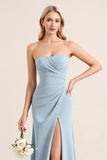 Square Neck Dusty Blue Sheath Chiffon Long Bridesmaid Dress with Slit