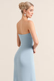 Square Neck Dusty Blue Sheath Chiffon Long Bridesmaid Dress with Slit