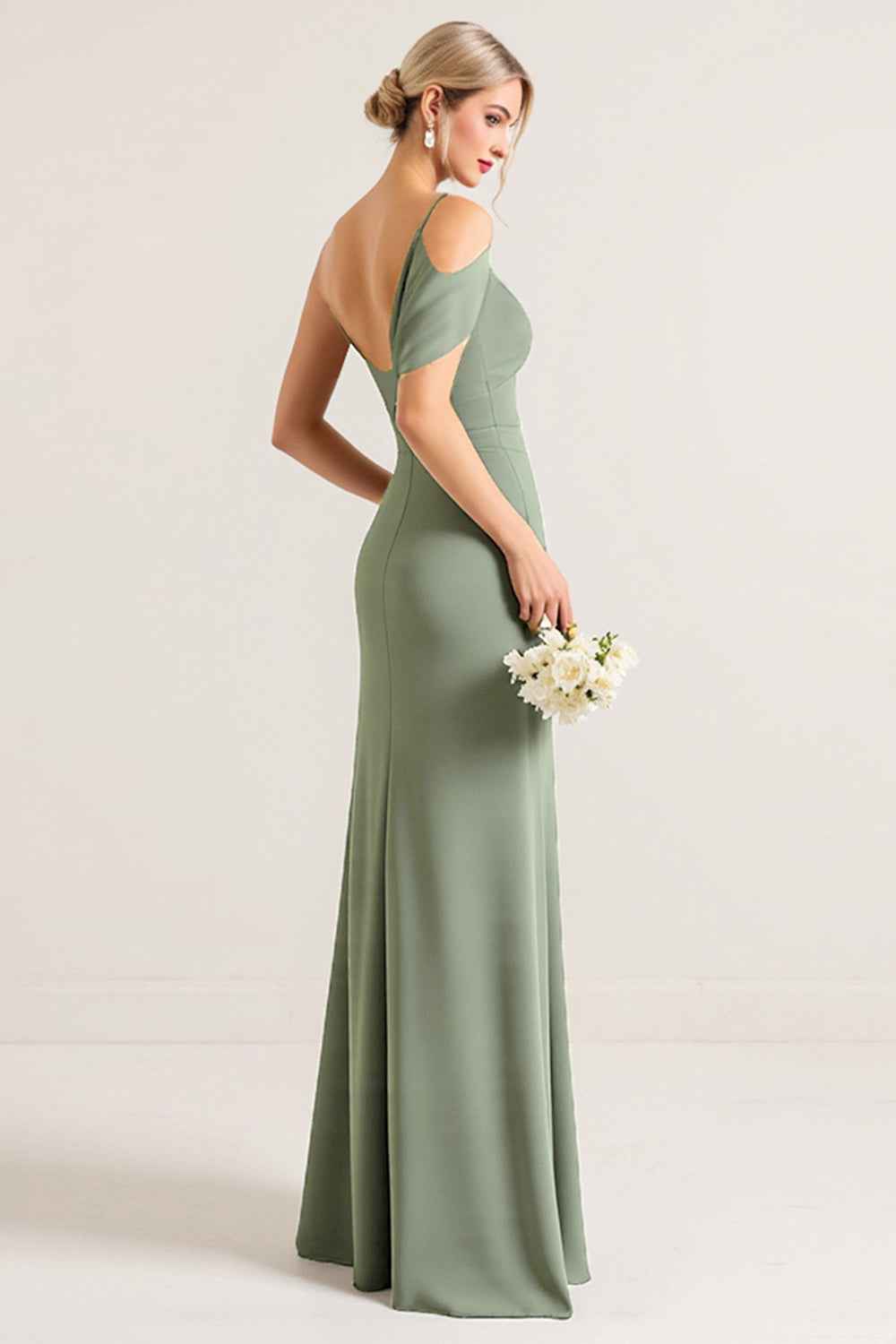 Chiffon Olive Sheath One Shoulder Long Bridesmaid Dress