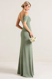 Chiffon Olive Sheath One Shoulder Long Bridesmaid Dress