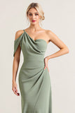 Chiffon Olive Sheath One Shoulder Long Bridesmaid Dress