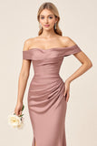 Sheath Dusty Rose Satin Off the Shoulder Long Bridesmaid Dress