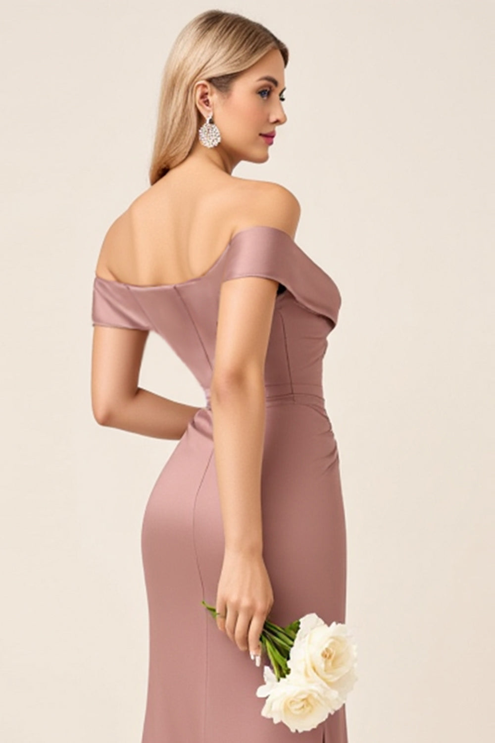 Sheath Dusty Rose Satin Off the Shoulder Long Bridesmaid Dress