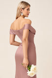 Sheath Dusty Rose Satin Off the Shoulder Long Bridesmaid Dress