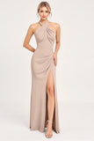 Halter Neck Candy Pink Sheath Satin Long Bridesmaid Dress with Slit