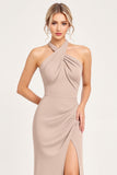 Halter Neck Candy Pink Sheath Satin Long Bridesmaid Dress with Slit