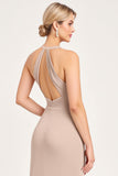 Halter Neck Candy Pink Sheath Satin Long Bridesmaid Dress with Slit