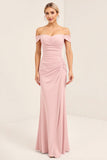 Off the Shoulder Blush Pink Ruched Long Bridesmaid Dress