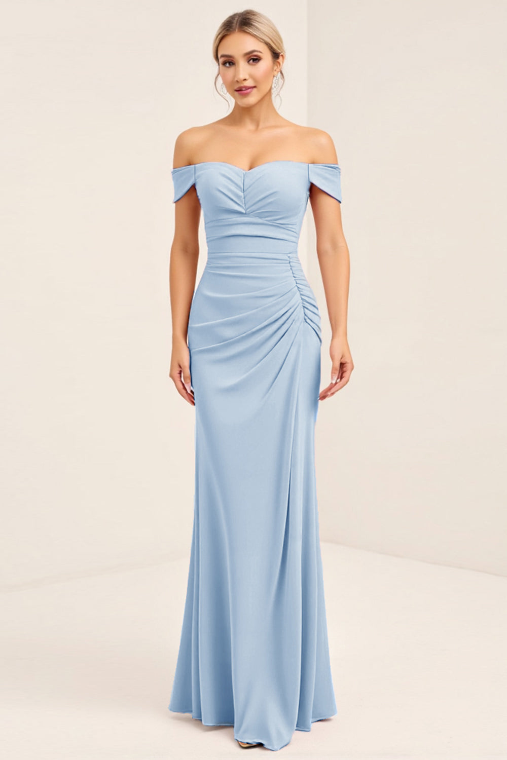 Off the Shoulder Blush Pink Ruched Long Bridesmaid Dress