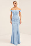 Off the Shoulder Blush Pink Ruched Long Bridesmaid Dress
