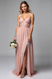 A Line Dusty Rose Chiffon V-Neck Backless Long Bridesmaid Dress