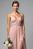 A Line Dusty Rose Chiffon V-Neck Backless Long Bridesmaid Dress