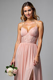 A Line Dusty Rose Chiffon V-Neck Backless Long Bridesmaid Dress