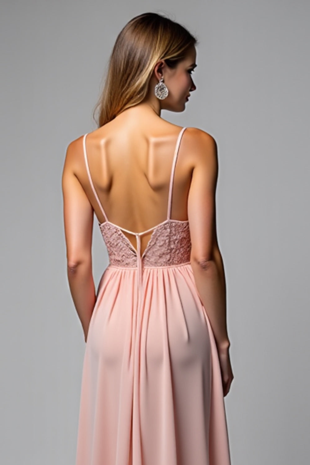 A Line Dusty Rose Chiffon V-Neck Backless Long Bridesmaid Dress