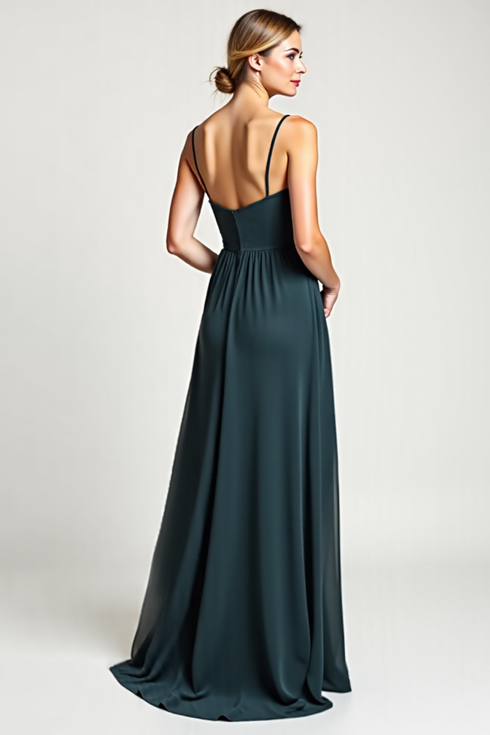 A Line Chiffon Peacock Spaghetti Straps Long Bridesmaid Dress with Slit
