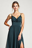 A Line Chiffon Peacock Spaghetti Straps Long Bridesmaid Dress with Slit