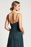 A Line Chiffon Peacock Spaghetti Straps Long Bridesmaid Dress with Slit